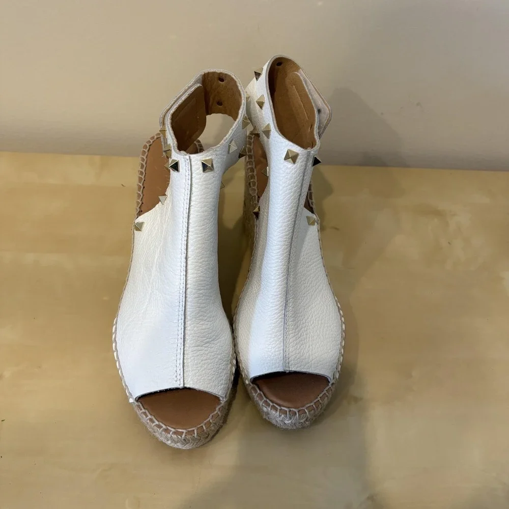 Maypol Shoes Womens Size 9.5‎ Leather Studded Wedge Espadrille Sandals